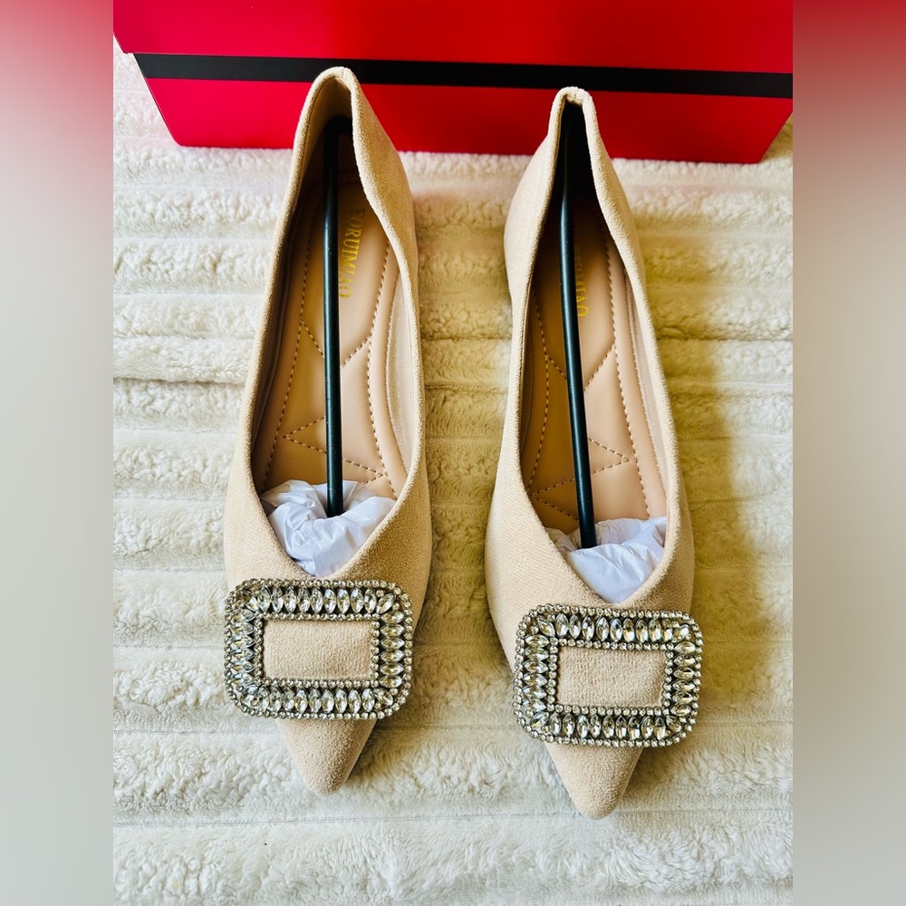 Women's Suede Pointed Toe Ballet Flats,Bling Rhinestones Slip on Flats, size 9